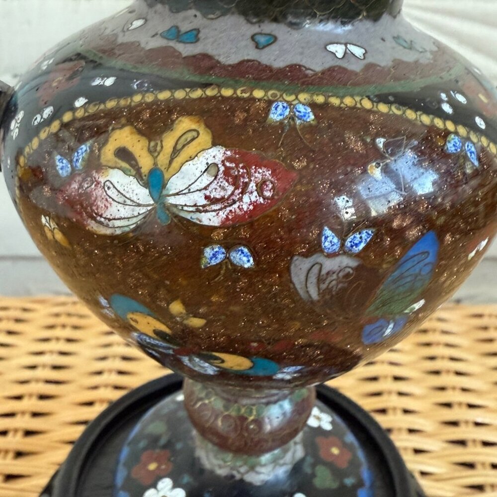 Antique Meiji 1910s Japanese Goldstone Cloisonne' Urn/ Stand Butterfly flower 7" - Picture 9 of 16